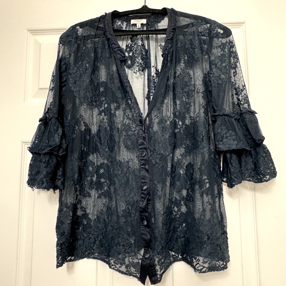 Ghost London Navy Blue Sheer Floral Lace V-Neck  Blouse